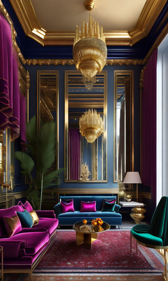 Opulent living room with gold, blue, and pink furniture, mirrors, chandeliers, and