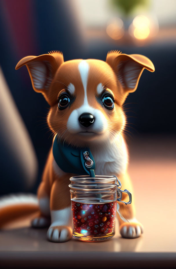 Adorable corgi puppy digital illustration with blue harness and red berries