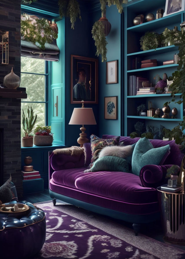 Stylish Purple Sofa, Teal Walls, Dark Fireplace Interior