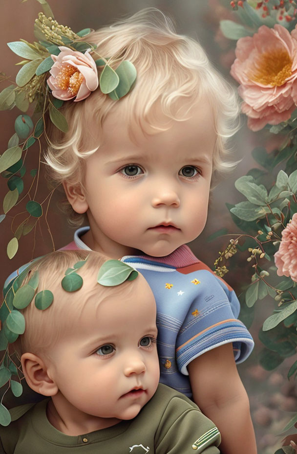 Young children with curly hair and floral headpiece in soft-hued flower setting