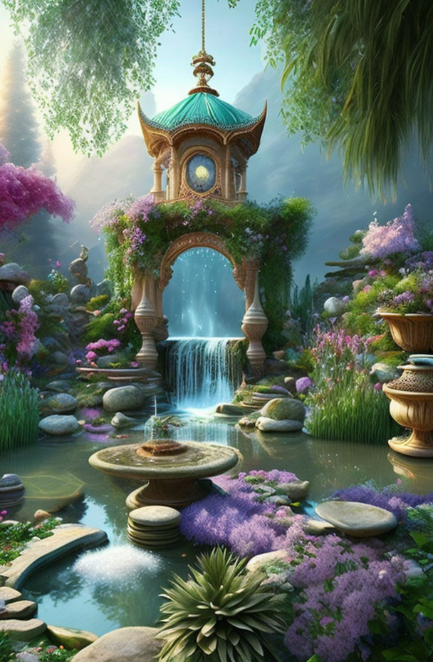 Tranquil garden with clock tower, lush greenery, purple flowers, waterfalls & ponds