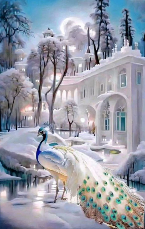 White peacock with vibrant tail in snowy landscape near elegant building.