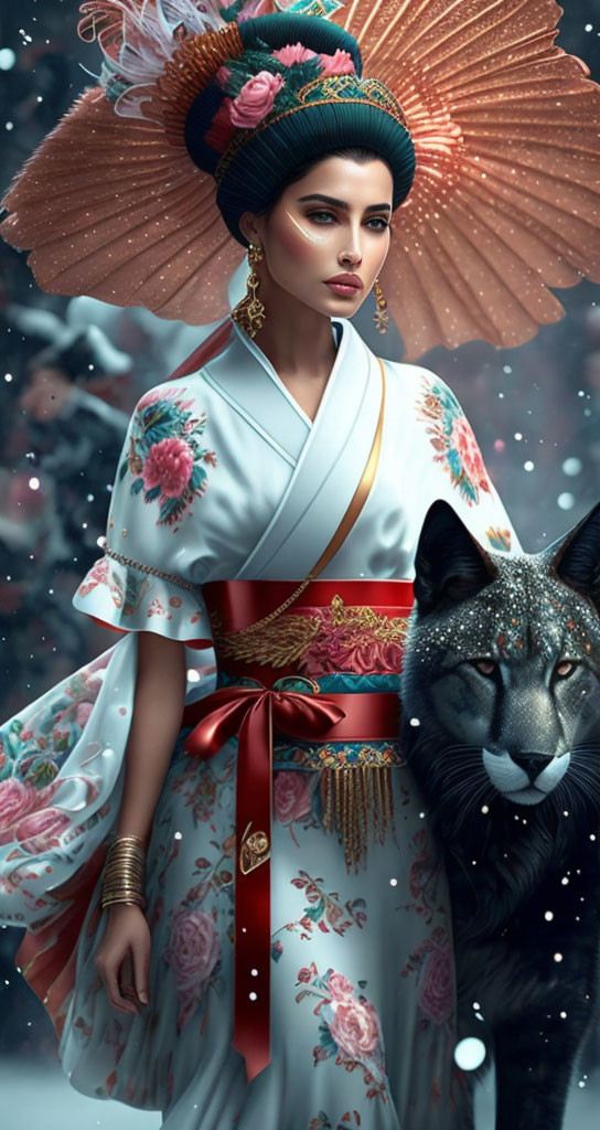 Woman in ornate kimono with headdress beside black panther in snowy scene