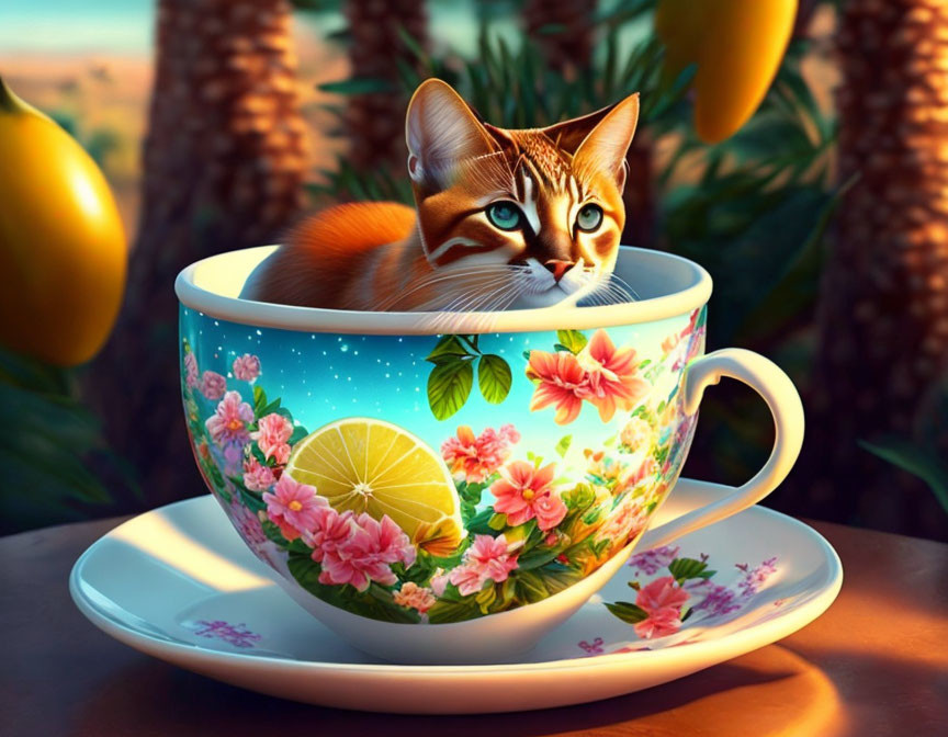 Orange Tabby Cat in Floral Teacup with Palm Trees and Sunset Background