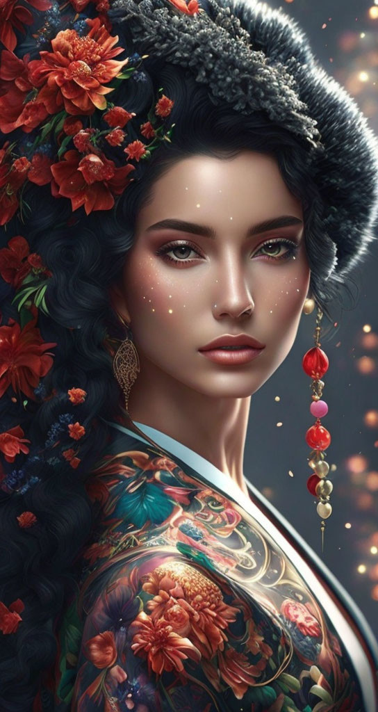 Digital artwork featuring woman with dark hair, floral tattoos, ornate jewelry, and intricate floral attire