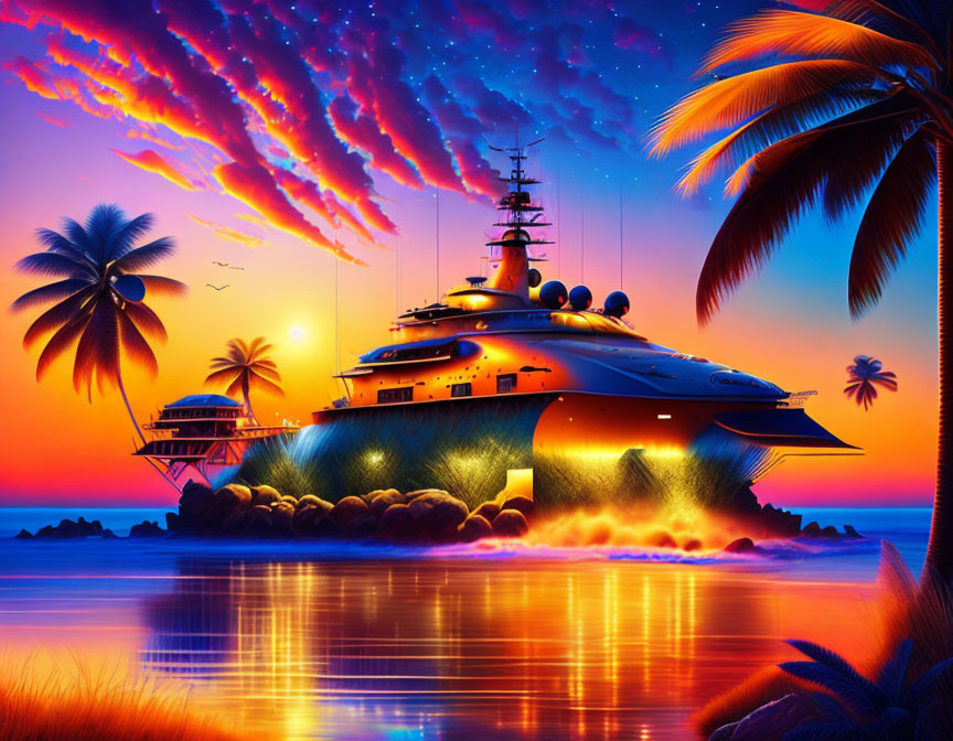 Luxurious yacht near tropical beach at sunset