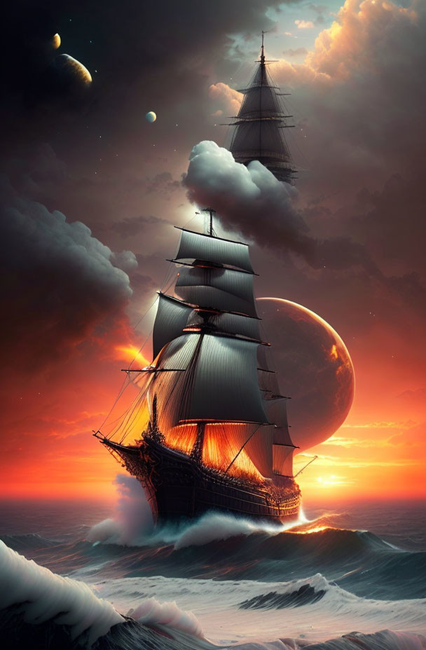 Tall ship sailing on turbulent seas at sunset with crescent moon and planets