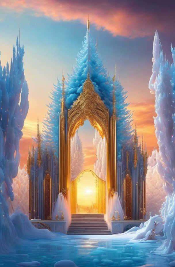 Ethereal icy landscape with golden gate and crystal-like trees