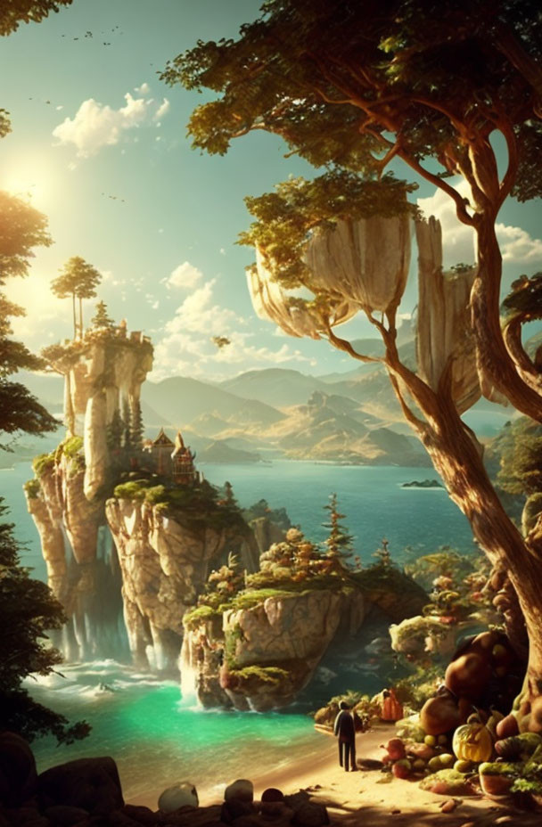 Fantasy landscape with waterfall, castle, fruit, and mountains