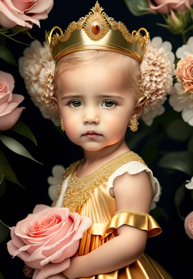 Young child in golden crown and yellow dress with pink rose, surrounded by blooming flowers