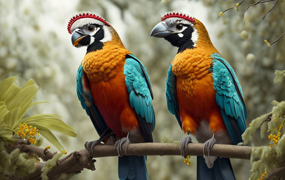 Colorful birds with beaded headpieces on branch in yellow-flowered foliage