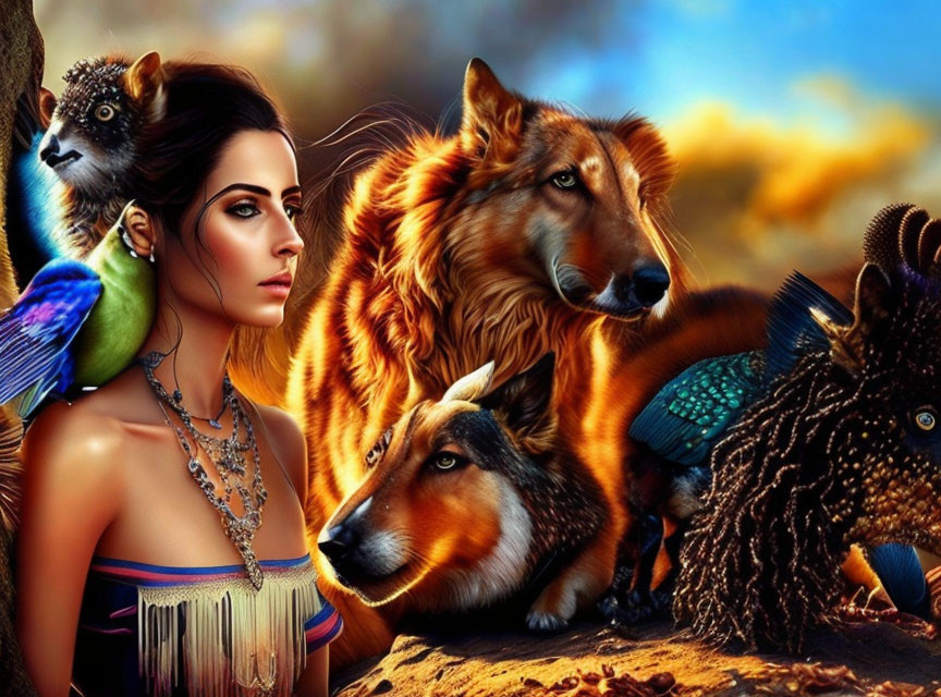 Woman with Wolf, Parrot, Hedgehog in Colorful Woodland