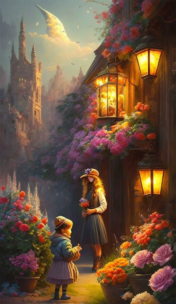 Enchanting street scene with glowing lanterns, blooming flowers, and woman gifting a flower