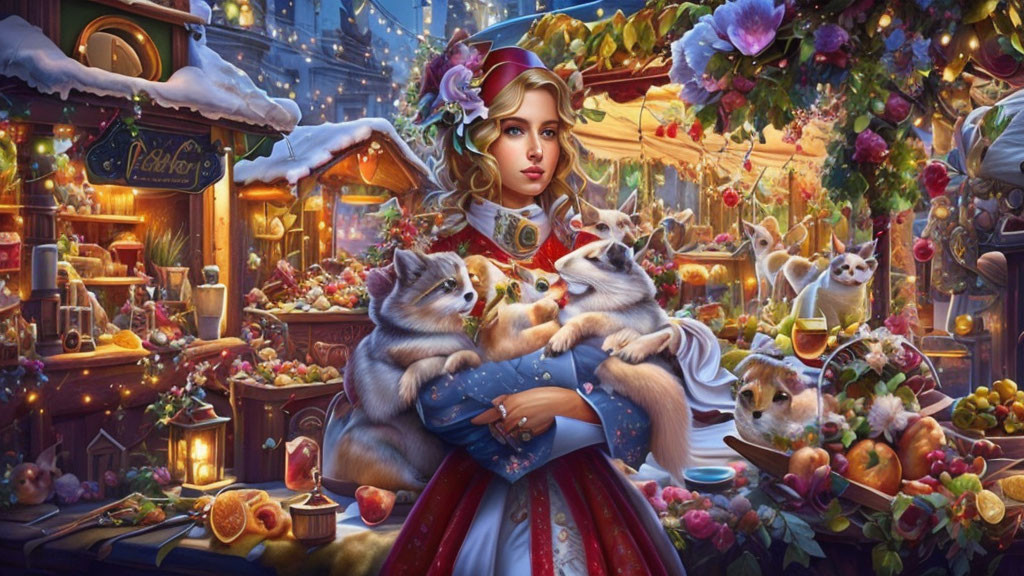 Woman with Cats in Festive Market with Fruits and Lights