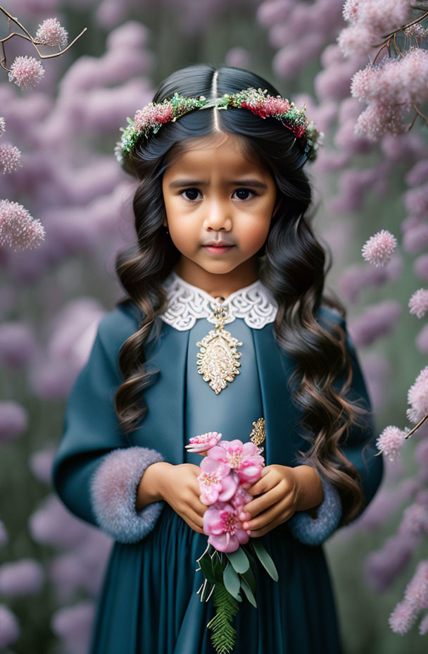 Young girl in teal dress with floral crown holding pink flowers in pink blossom setting