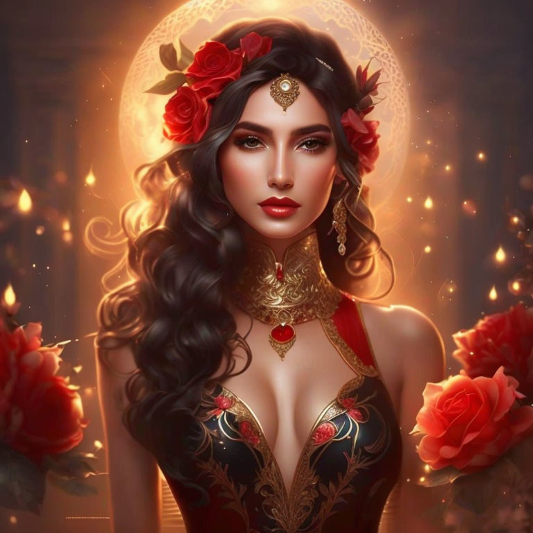 Woman adorned with red flowers and gold jewelry in ornate dress amid candles and roses