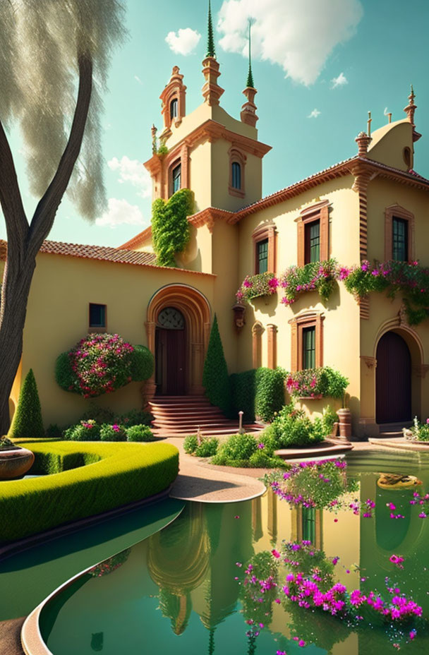 Idyllic villa with terracotta walls, twin spires, lush greenery, vibrant flowers