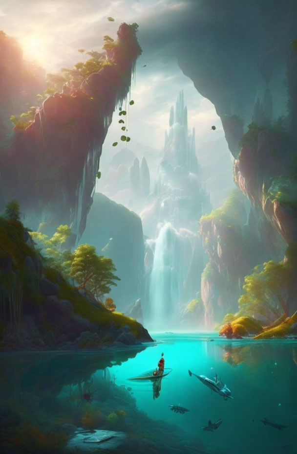 Fantasy landscape with person rowing boat on turquoise lake surrounded by waterfalls.