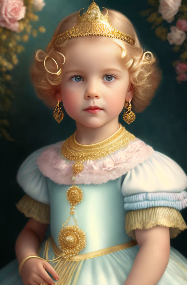 Young child with blond curly hair in blue dress with ruffles and tiara