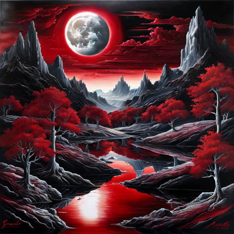 Surreal red and black landscape with cliffs, river, foliage, and oversized moon