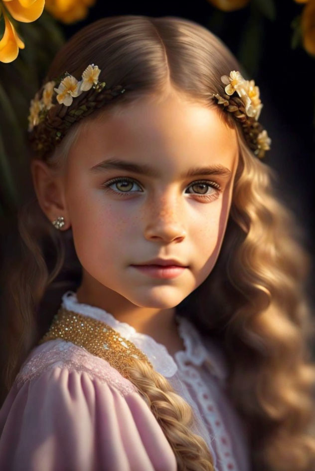 Young girl with long curly hair, green eyes, floral headband, pink dress