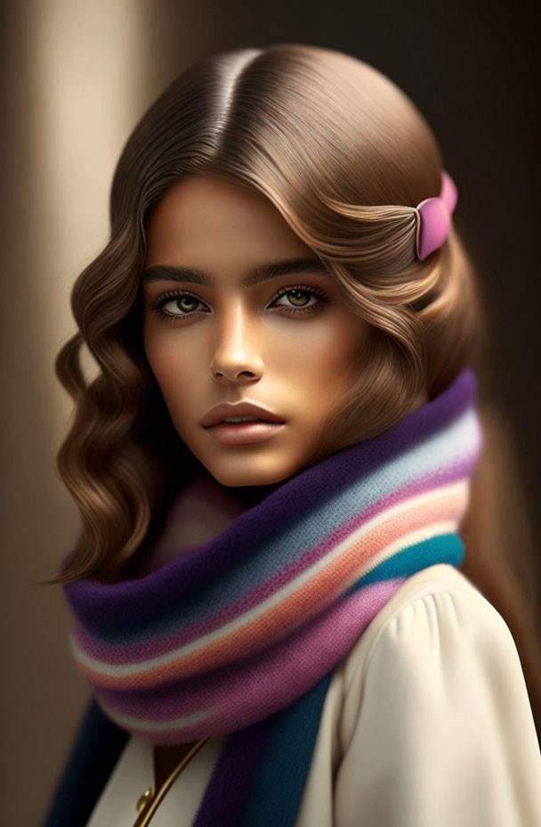 Portrait of Woman with Wavy Brown Hair and Colorful Scarf