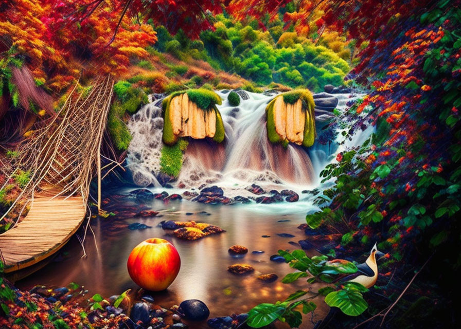 Colorful Autumn Waterfall Scene with Foliage, Dock, Apple, Stones, and Bird