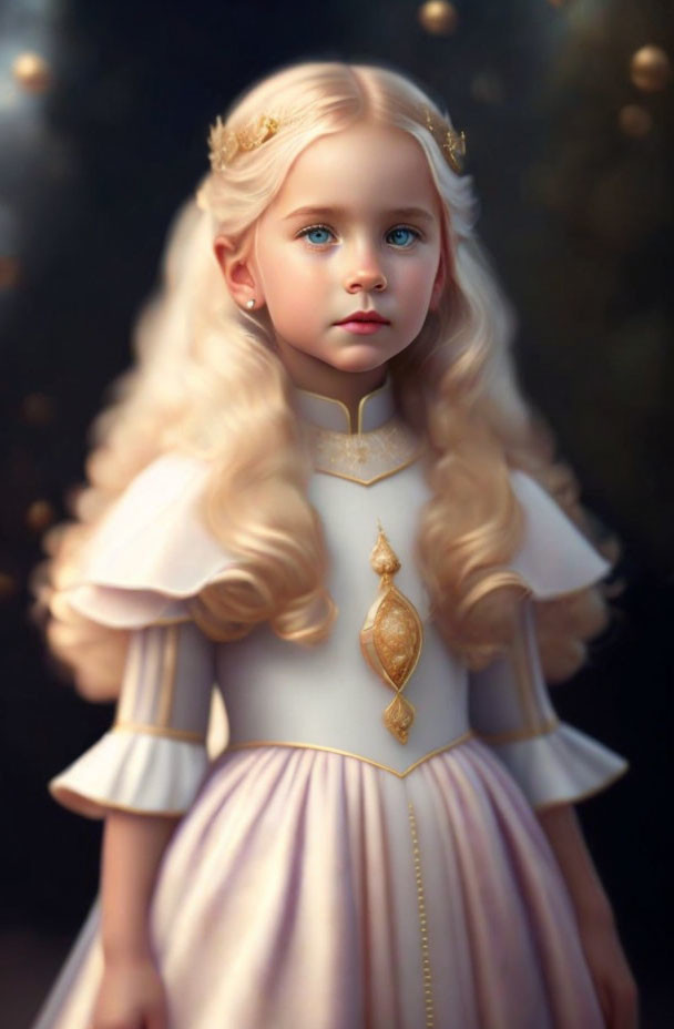 Young girl with blue eyes and blonde curls in white dress and gold accessories