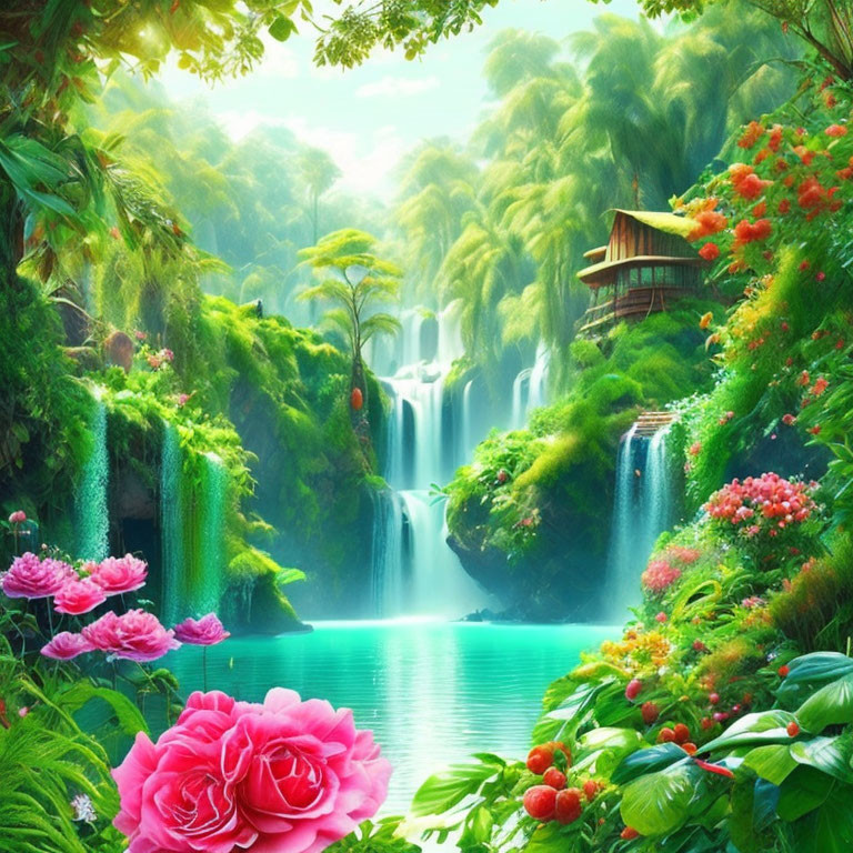 Fantasy landscape with waterfalls, pond, roses, greenery, and wooden house