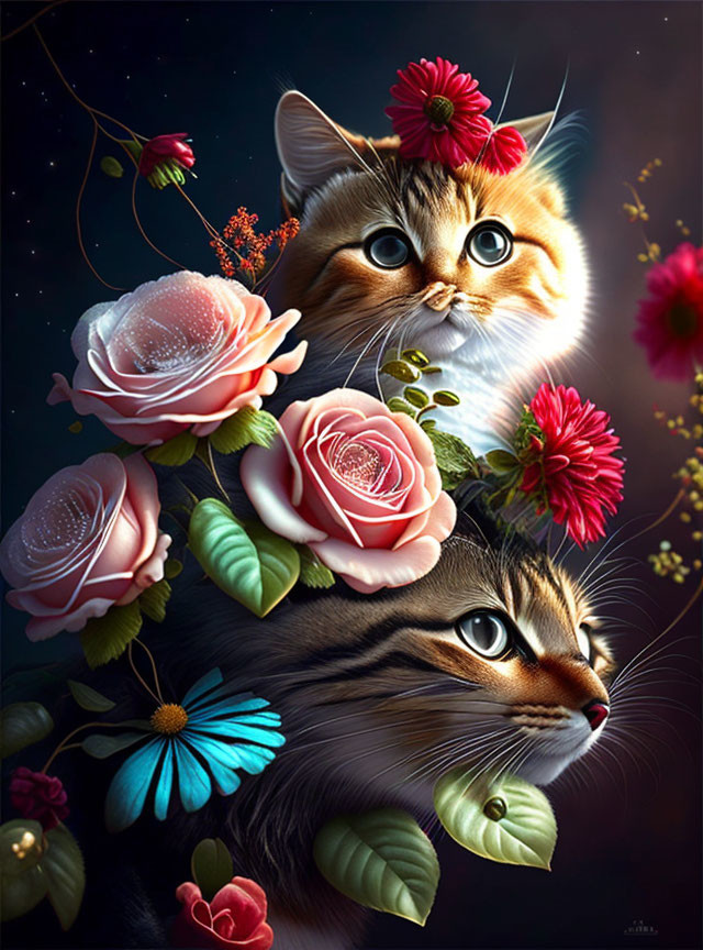 Two cats' faces among colorful flowers on dark background