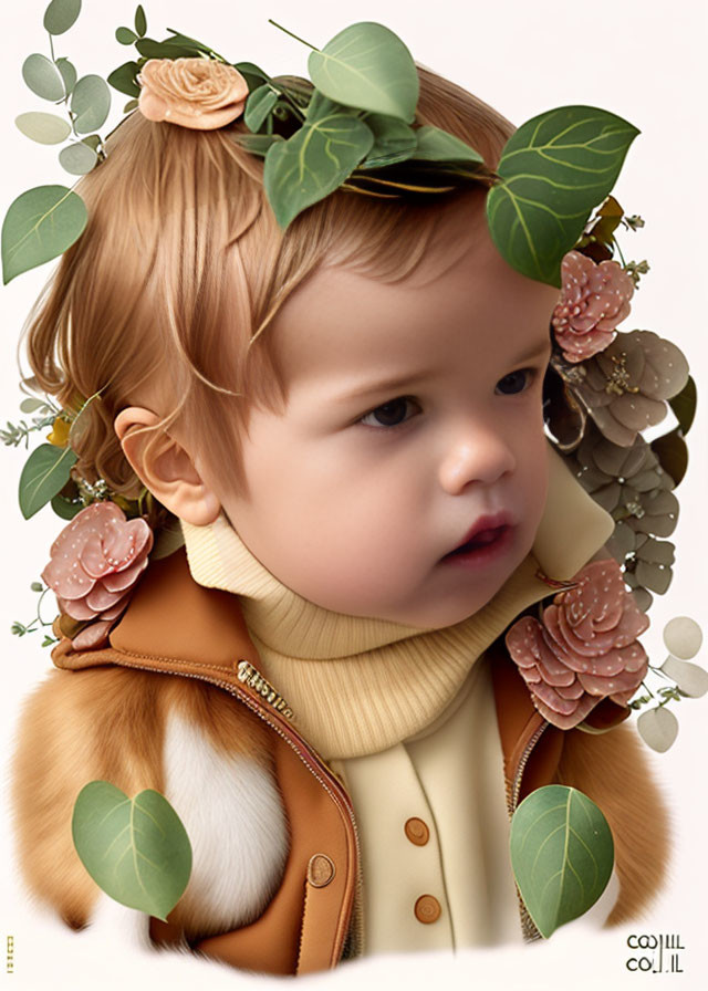 Toddler in floral crown and cozy attire gazes thoughtfully