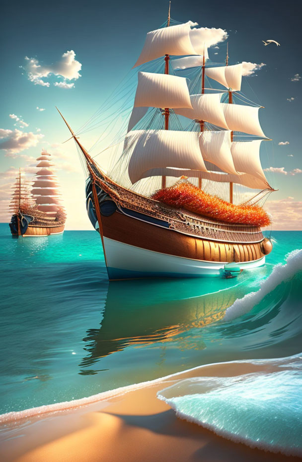 Majestic sailing ship on turquoise waters near sandy shore