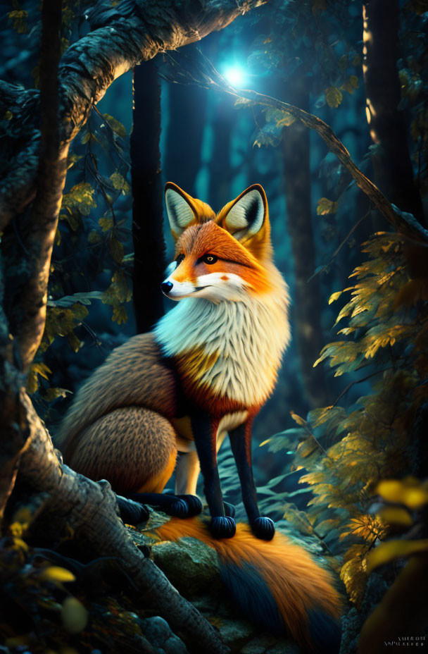 Vibrant digital illustration: Red fox in mystical forest