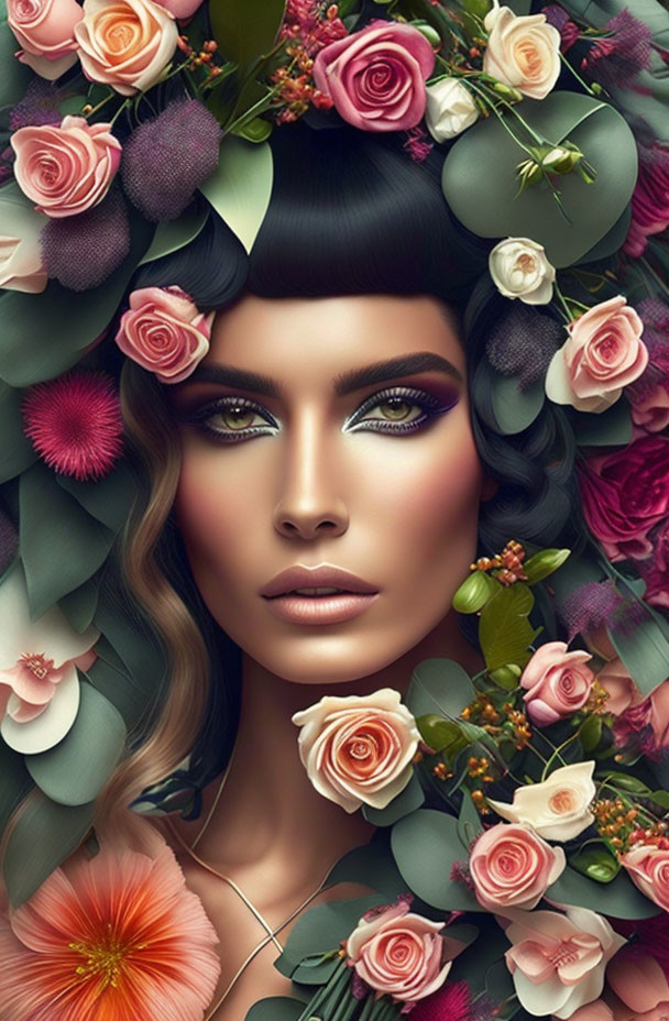 Symmetrical digital portrait with flawless makeup and vibrant floral arrangement