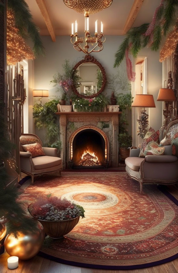 Cozy Room with Fireplace, Mirror, Rug, and Festive Decor