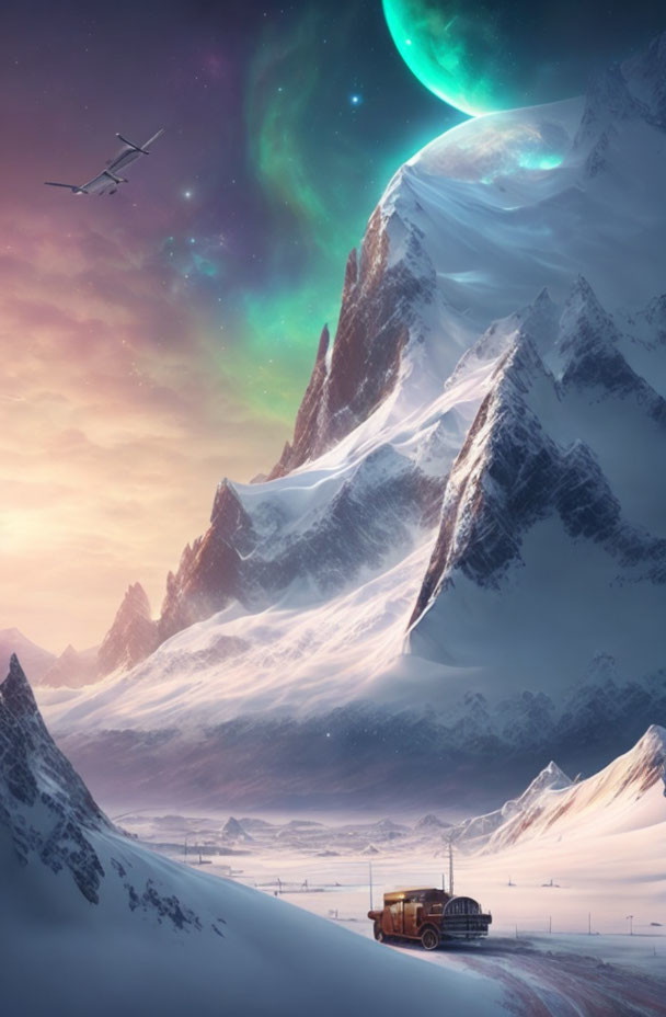 Snowy Mountain Landscape with Aurora Sky, Airplane, Bus, and Celestial Body