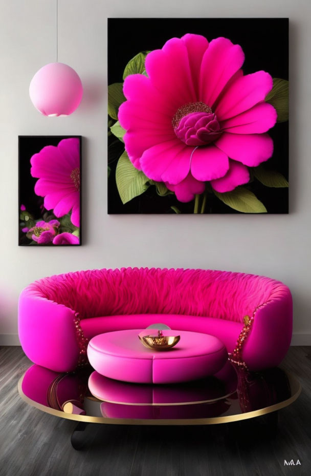 Vivid Pink Circular Couch and Flower Wall Art in Modern Room