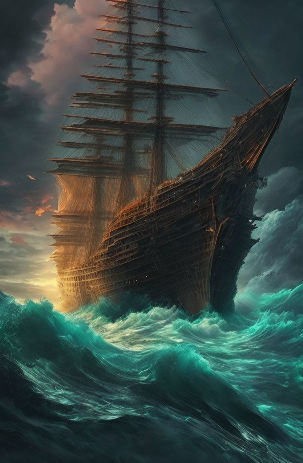 Majestic ship sailing turbulent ocean under dramatic sky