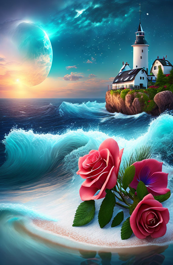 Fantasy seascape with lighthouse, moon, glowing waves, and vibrant roses