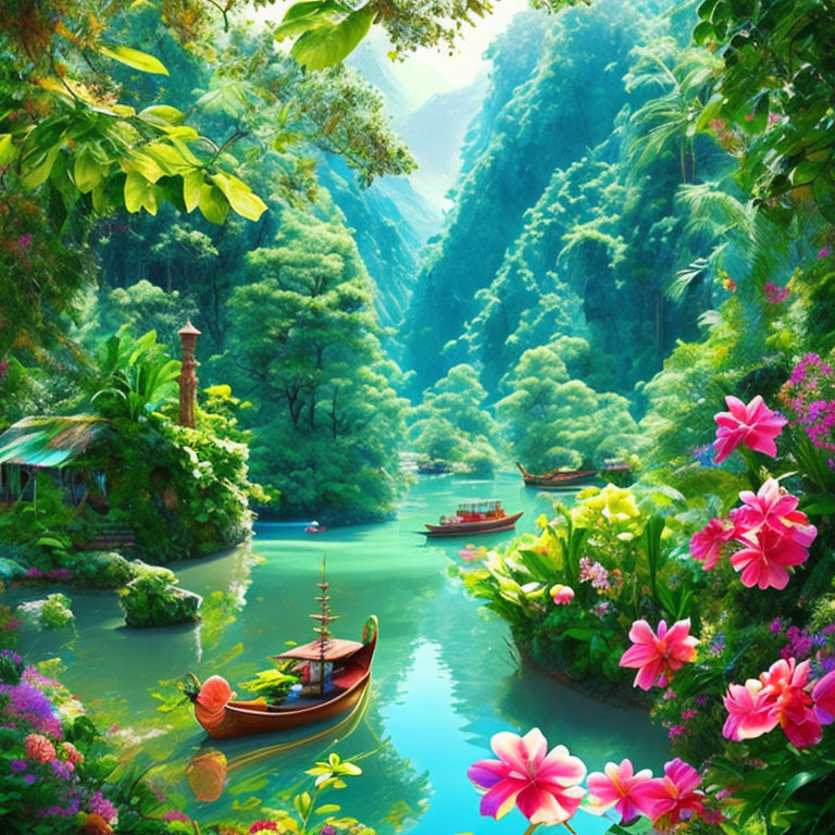 Fantastical riverscape with lush greenery, colorful flowers, boats, lighthouse & mountains