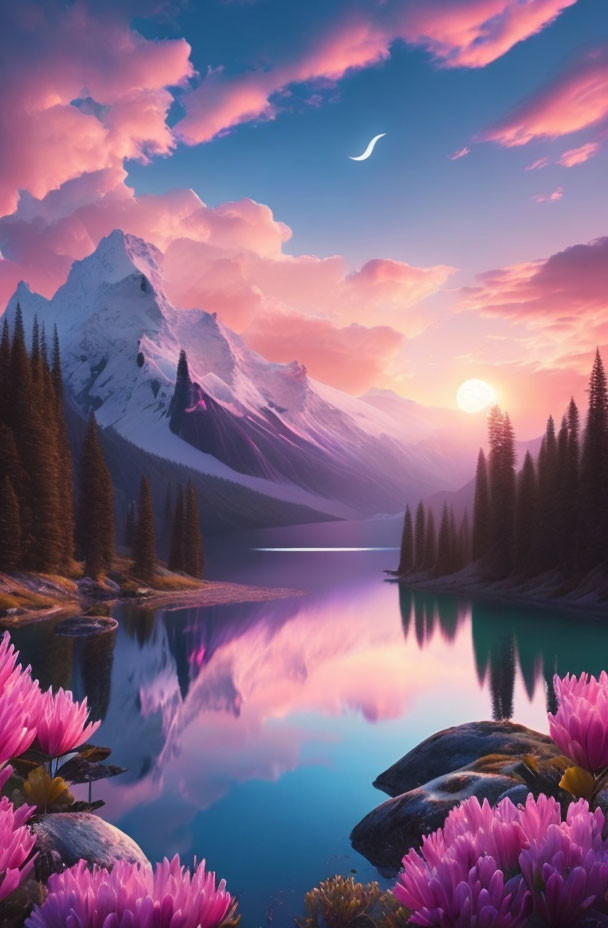 Snow-capped mountain, crescent moon, pink flowers, and reflective lake at sunset