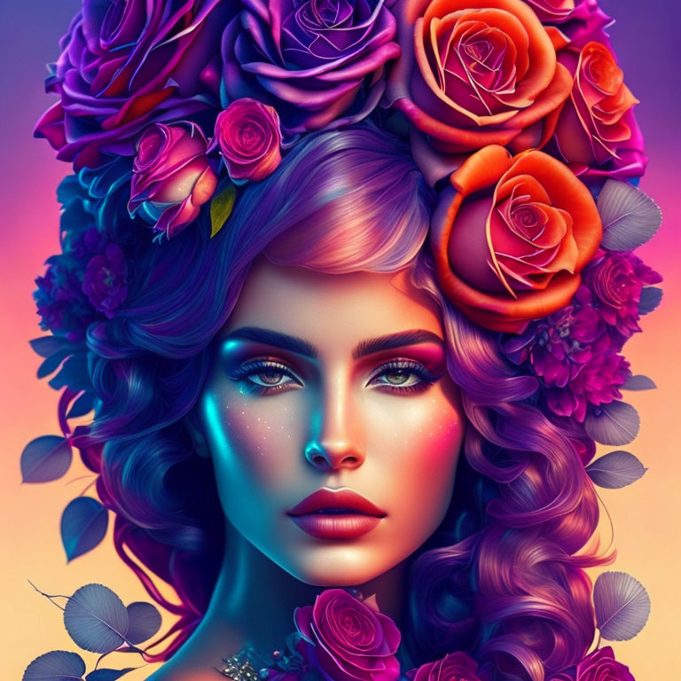 Colorful portrait of woman with purple and orange roses, dreamy aesthetic