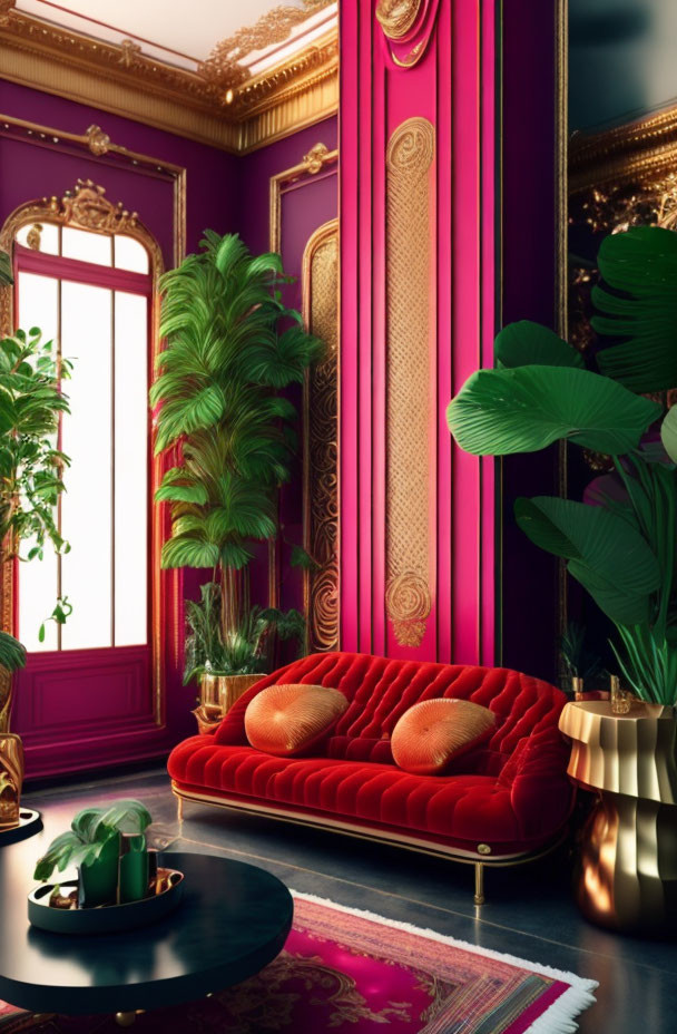 Luxurious Interior with Red Sofa, Gold Accents, Purple Walls & Elegant Decor