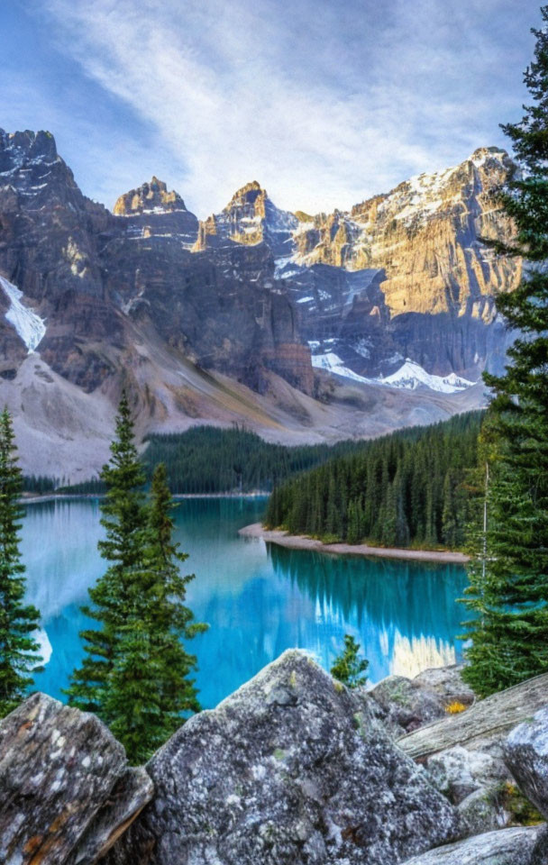 Scenic Turquoise Lake Surrounded by Pine Trees and Mountain Peaks