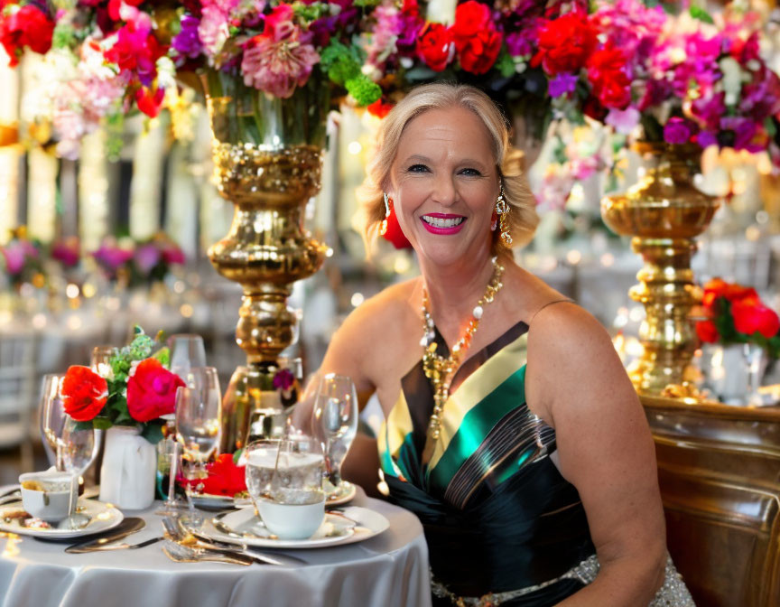 Smiling woman in formal dress at elegantly set table with vibrant floral arrangements