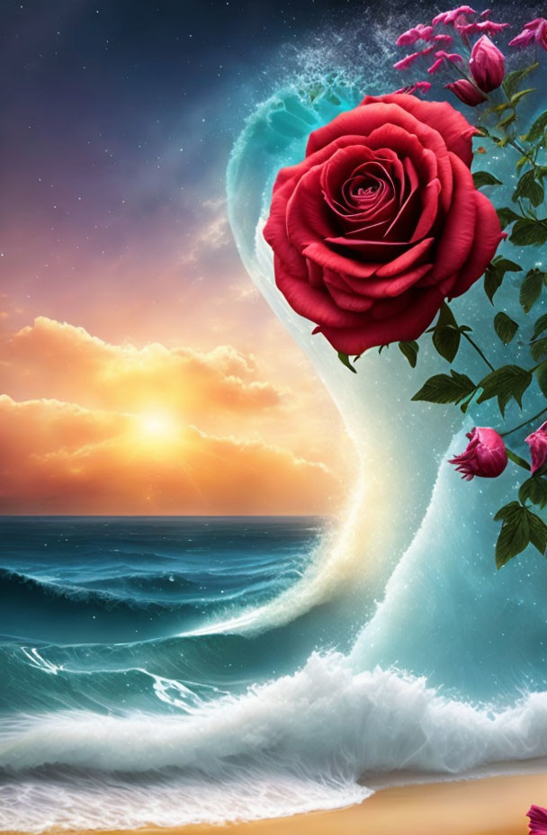 Giant rose above ocean waves under a surreal sunset sky