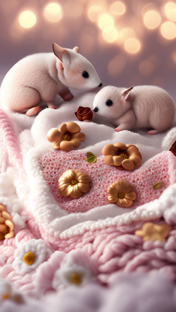 Adorable puppies on cozy knitted blanket with flowers and warm light