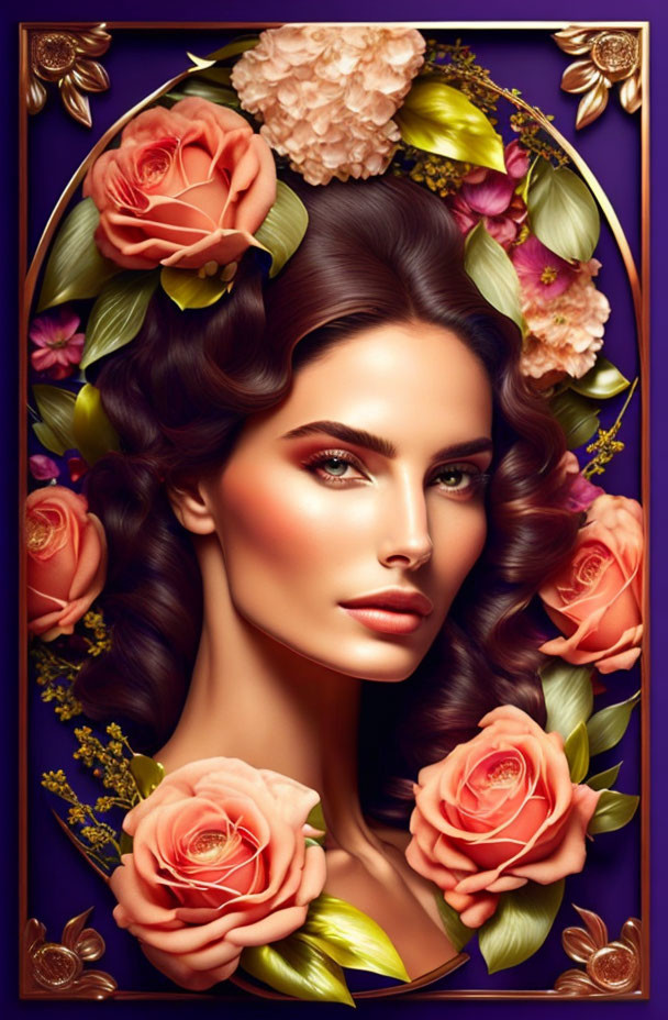 Portrait of Woman with Gold Frame and Flowers on Deep Blue Background