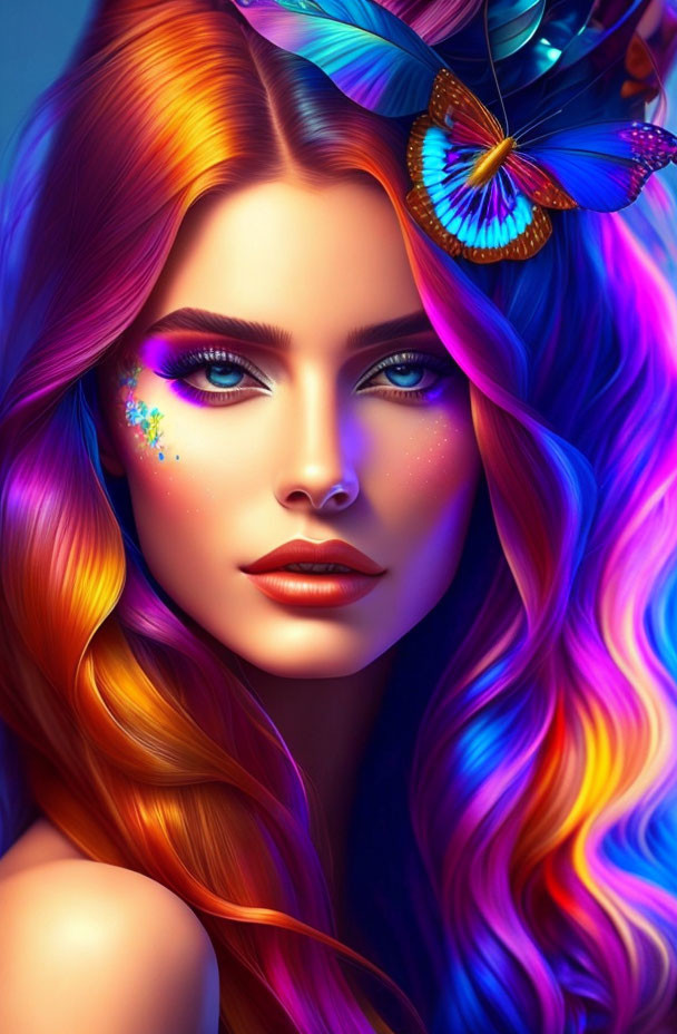 Colorful digital portrait of a woman with vibrant hair and a butterfly, featuring vivid blue eyes.