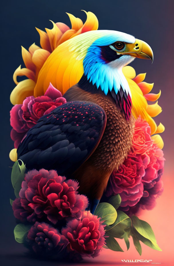 Colorful Floral Eagle Artwork with Sunflowers and Peacock Feathers